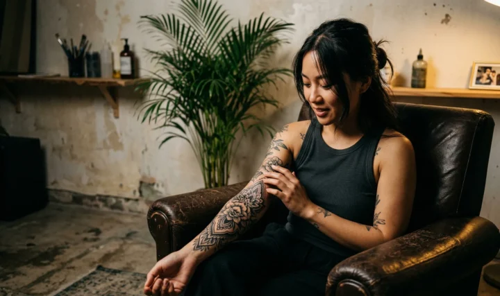 A skilled tattoo artist carefully inking a detailed design on a client's arm, illustrating the craftsmanship that influences how much does a tattoo cost in Vietnam