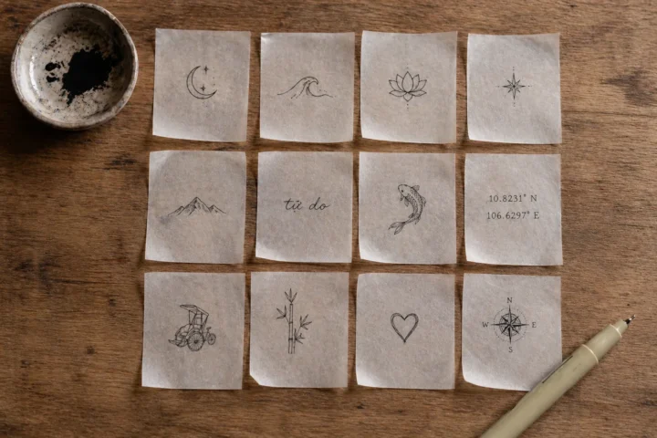 Collection of twelve small tattoo Saigon designs sketched on tracing paper