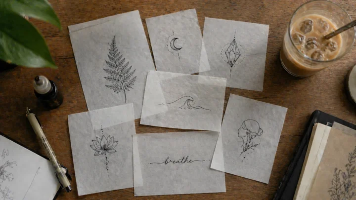 Seven minimalist tattoo Vietnam design ideas arranged on a mood board
