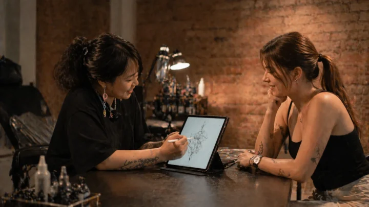 Tattoo artist discussing custom design pricing during consultation in Ho Chi Minh City