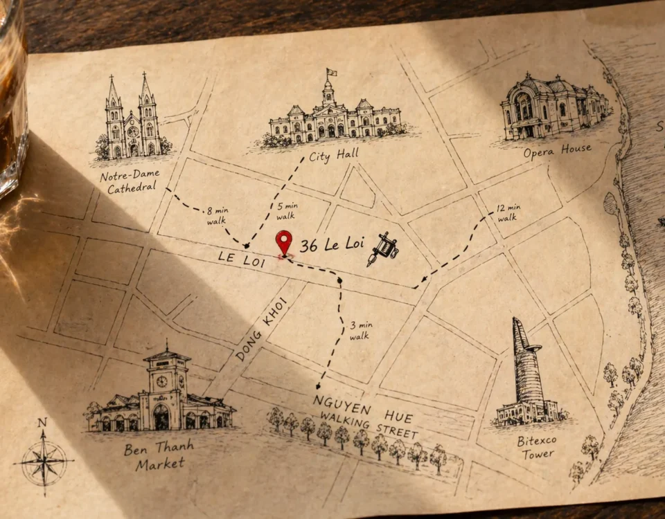 Walking route from Ben Thanh Market to a tattoo studio Ben Thanh area on Le Loi