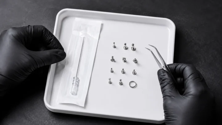 sterile piercing setup with single-use needle and implant-grade jewellery in Vietnam