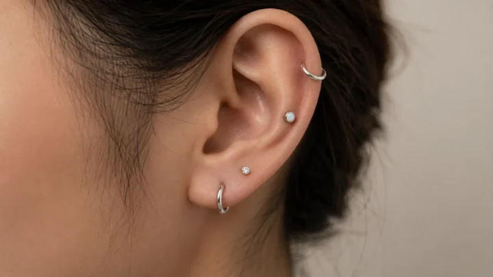 fully curated ear stack with lobe helix and daith piercings — jewellery upgrade on healed piercings